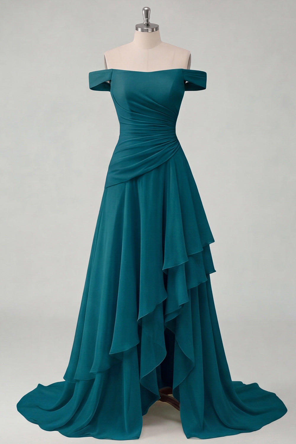Ruched A Line Off the Shoulder Butter Yellow Ruffled Prom Dress with Slit