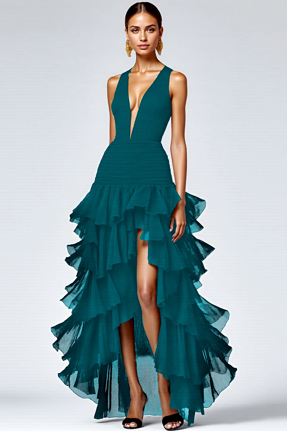 Black Deep V-Neck Tiered Long A Line Formal Dress with Slit