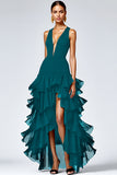 Black Deep V-Neck Tiered Long A Line Formal Dress with Slit