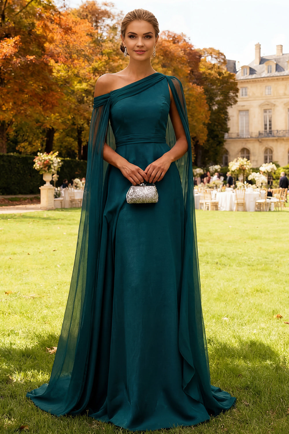 Dark Green One Shoulder Chiffon Long Wedding Guest Dress with Cape
