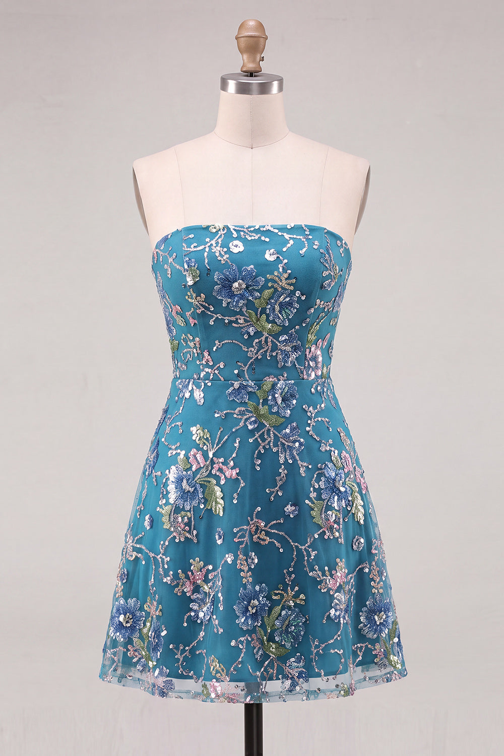 Sparkly Pink Floral Beaded Strapless A Line Short Homecoming Dress