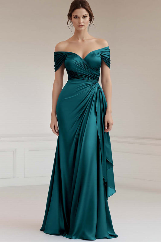 Peacock Satin Off the Shoulder Long Sheath Formal Dress