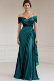 Peacock Satin Off the Shoulder Long Sheath Formal Dress