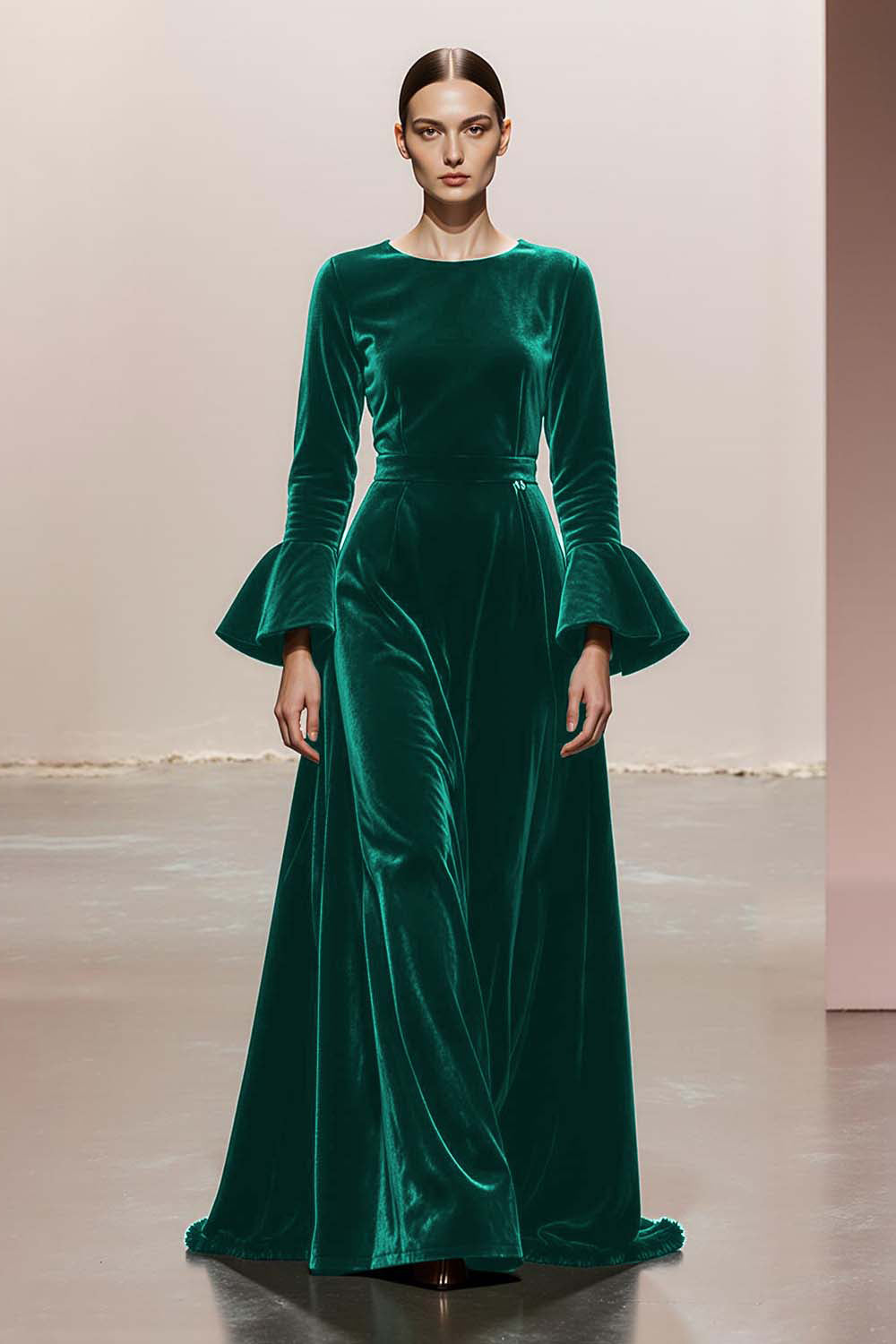 Dark Green Round Neck Velvet A Line Long Formal Dress with Sleeves
