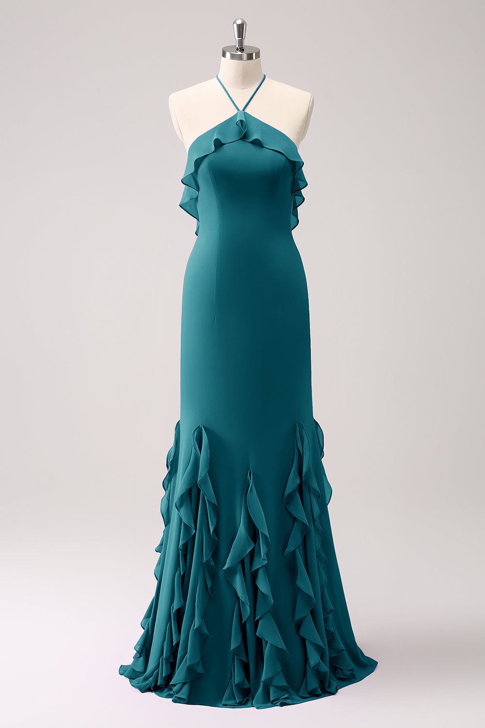 Dusty Sage Mermaid Halter Ruffle Chiffon Long Bridesmaid Dress