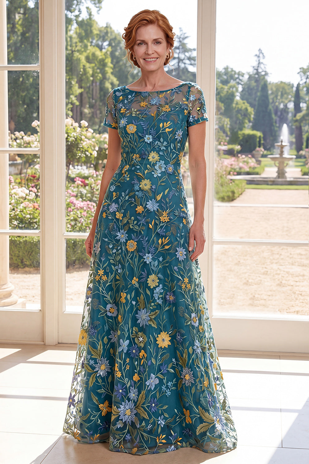 Short Sleeves A Line Long Green Floral Boat Neck Mother of the Bride Dress