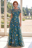 Short Sleeves A Line Long Green Floral Boat Neck Mother of the Bride Dress