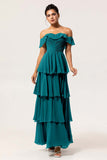 Eucalyptus Off The Shoulder Pleated Long Tiered Bridesmaid Dress
