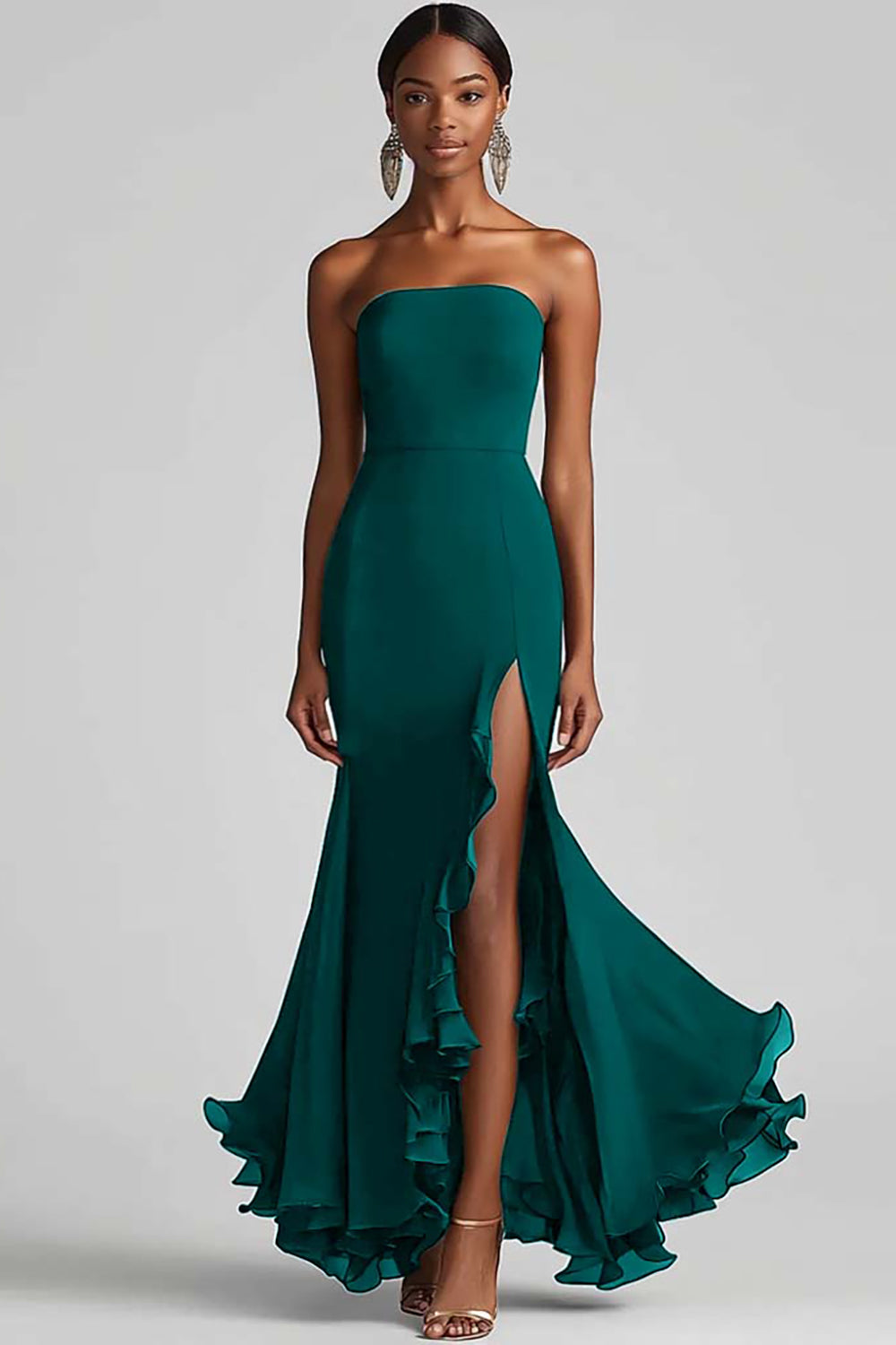 Strapless Chiffon Long Sheath Black Tie Dress with Slit
