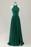 Dark Green A-Line Halter Long Bridesmaid Dress with Slit
