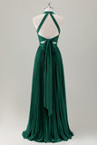 Dark Green A-Line Halter Long Bridesmaid Dress with Slit