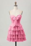 Light Yellow Sweetheart Ruched Ruffled Short Homecoming Dress with Bow