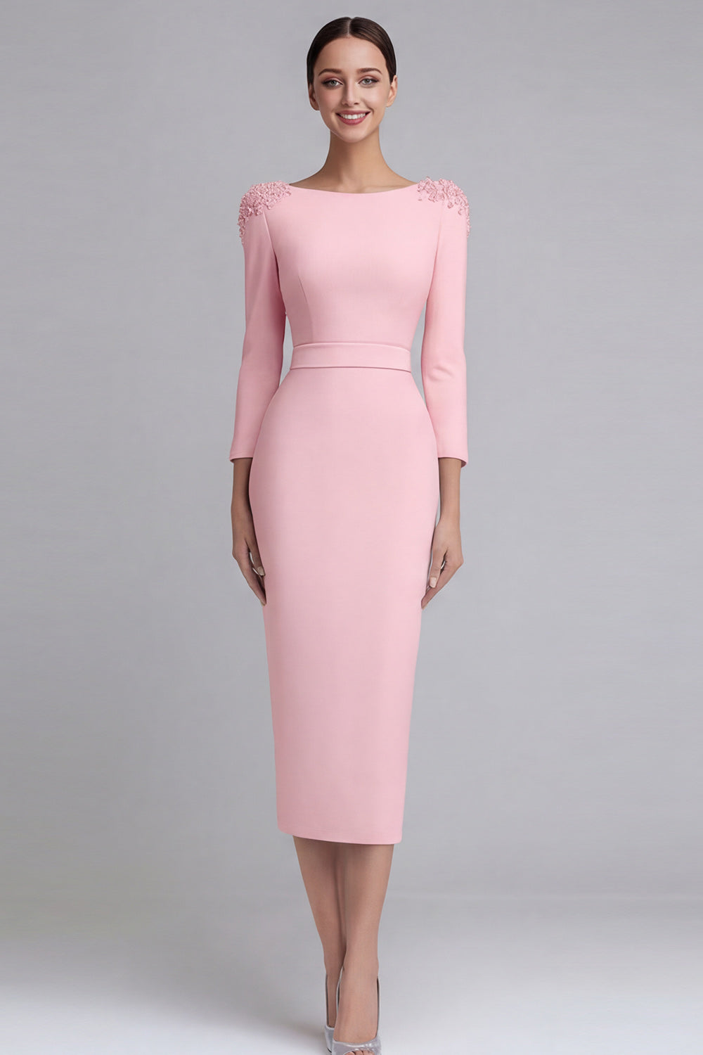 Simple Light Blue Pencil Boat Neck Midi Work Dress with Sleeves
