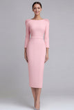 Simple Light Blue Pencil Boat Neck Midi Work Dress with Sleeves