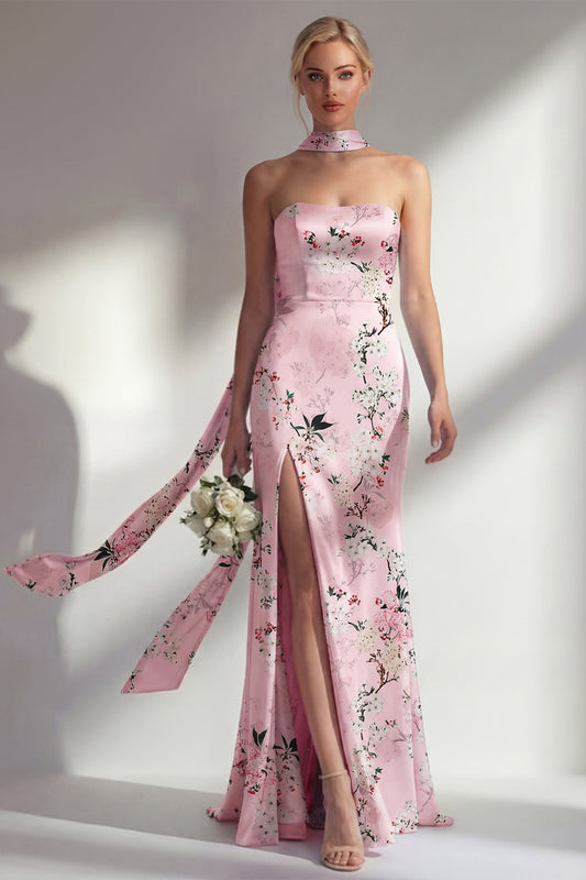 Pink Floral Sheath Strapless Neck Scarf Long Bridesmaid Dress with Slit