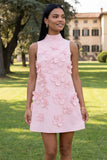 Hot Pink Short Floral High Neck A Line Homecoming Dress