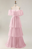 White Chiffon Tiered Off the Shoulder Boho Sweep Train Wedding Dress