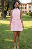 Hot Pink Short Floral High Neck A Line Homecoming Dress