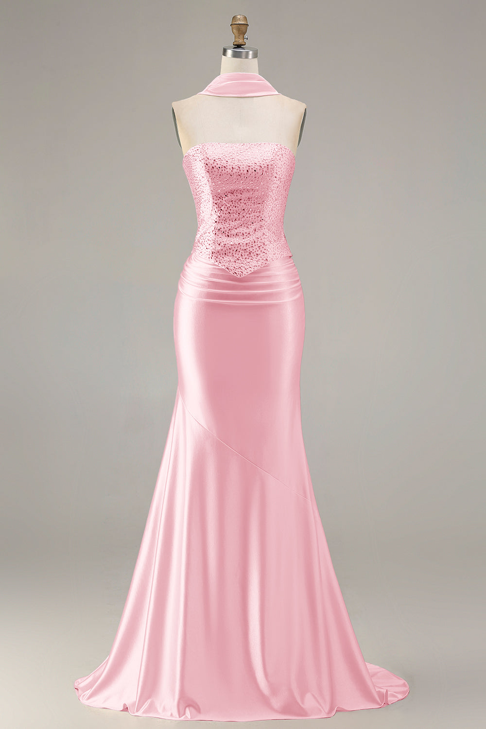 Zapakasa Women Sparkly Champagne Mermaid Long Prom Dress with Beading Neck  Scarf Strapless Lace Up Back Satin Formal Dress