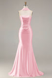 Sparkly Champagne Mermaid Neck Scarf Long Prom Dress with Beading