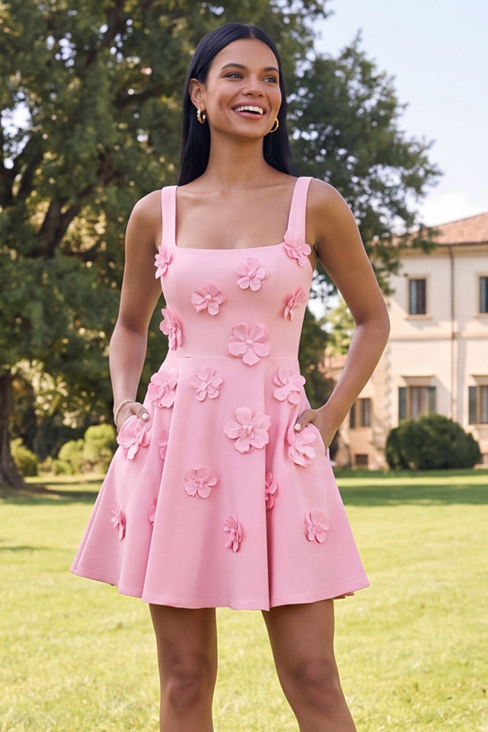Blue Short Floral Square Neck A Line Homecoming Dress with Pockets