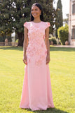 Butter Yellow A Line Round Neck Floral Long Wedding Guest Dress with Sleeves