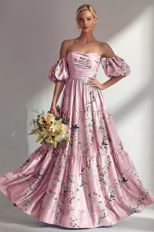 Puff Sleeves Pink Floral A Line Strapless Ruched Long Bridesmaid Dress