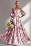 Puff Sleeves Pink Floral A Line Strapless Ruched Long Bridesmaid Dress