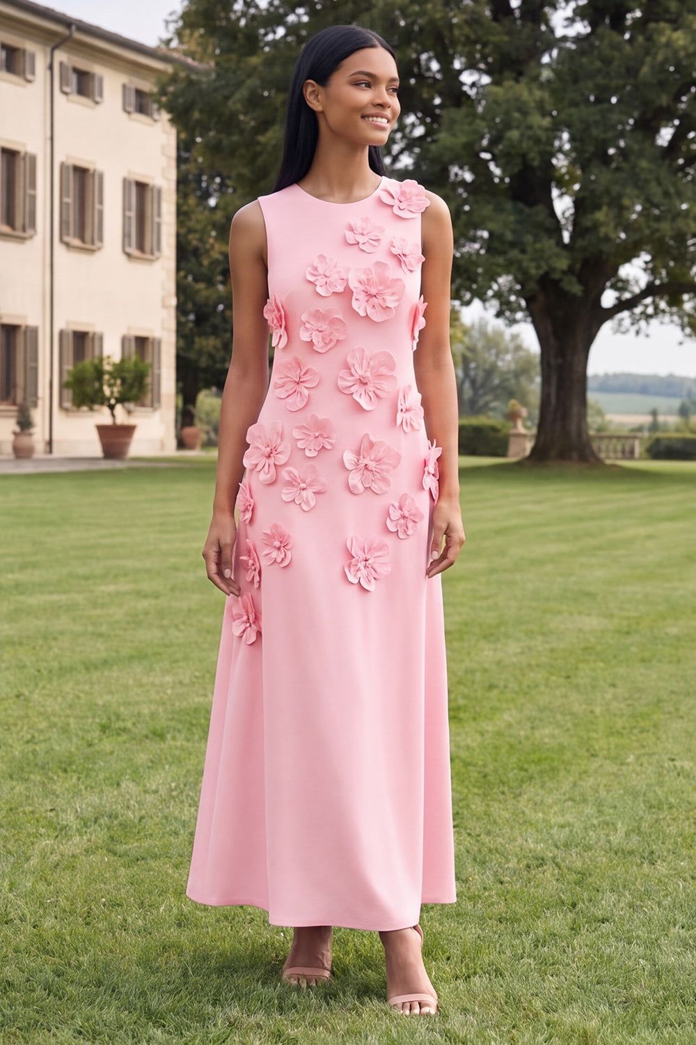Hot Pink A Line Round Neck Floral Maxi Wedding Guest Dress