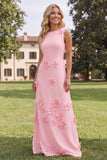 Hot Pink Boat Neck A Line Floral Maxi Wedding Guest Dress