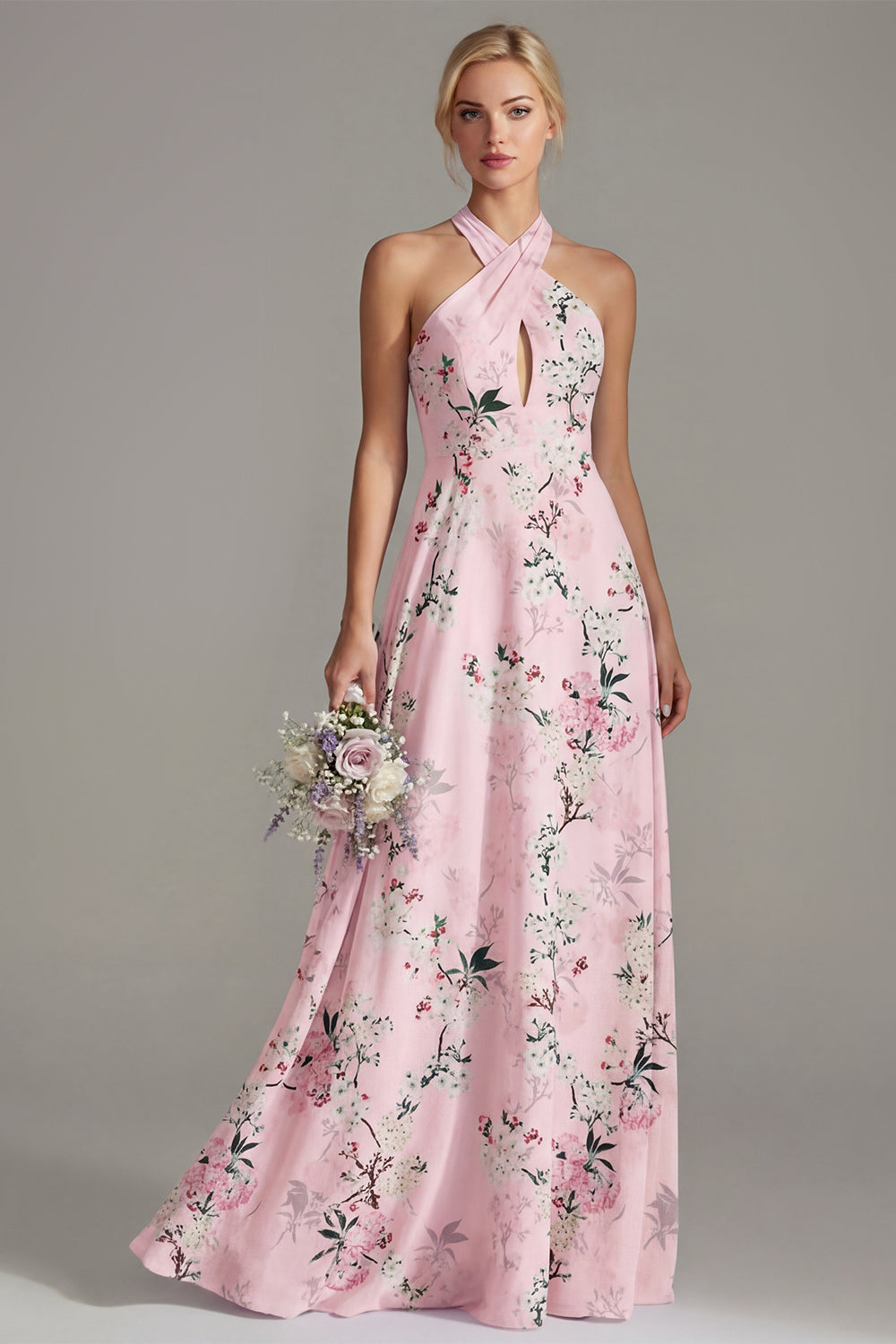 Halter Keyhole Pink Floral A Line Long Bridesmaid Dress