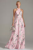 Halter Keyhole Pink Floral A Line Long Bridesmaid Dress
