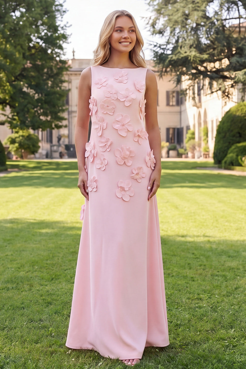 Hot Pink A Line Boat Neck Floral Long Wedding Guest Dress
