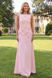 Hot Pink A Line Boat Neck Floral Long Wedding Guest Dress