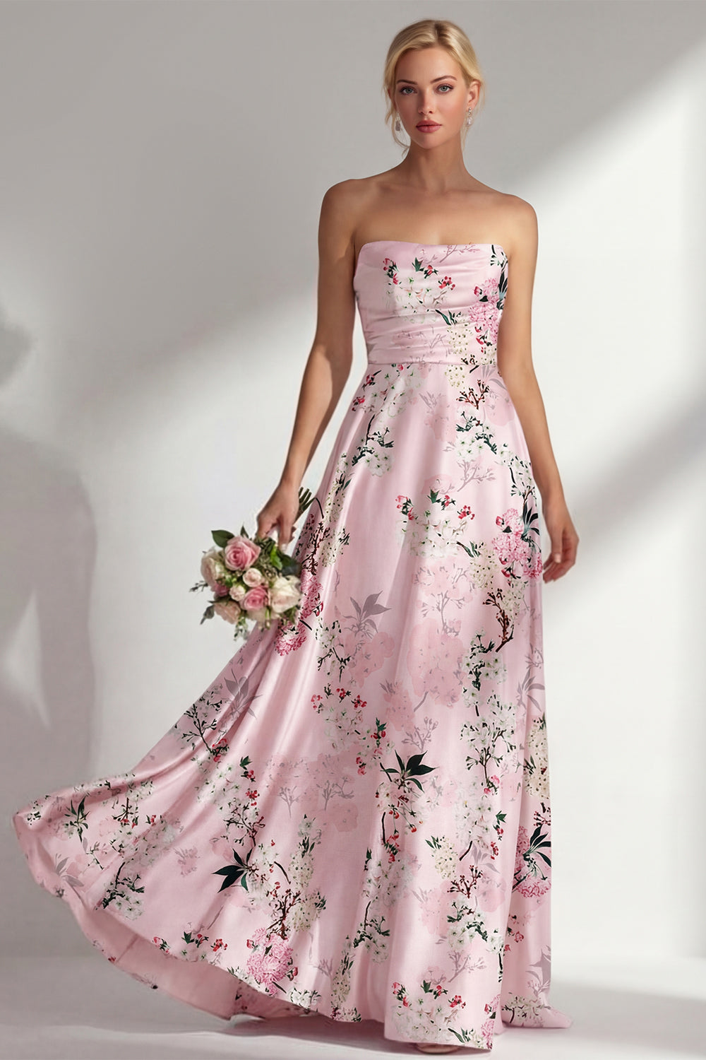 Strapless Ruched Blue Floral A Line Long Bridesmaid Dress