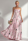 Strapless Ruched Blue Floral A Line Long Bridesmaid Dress