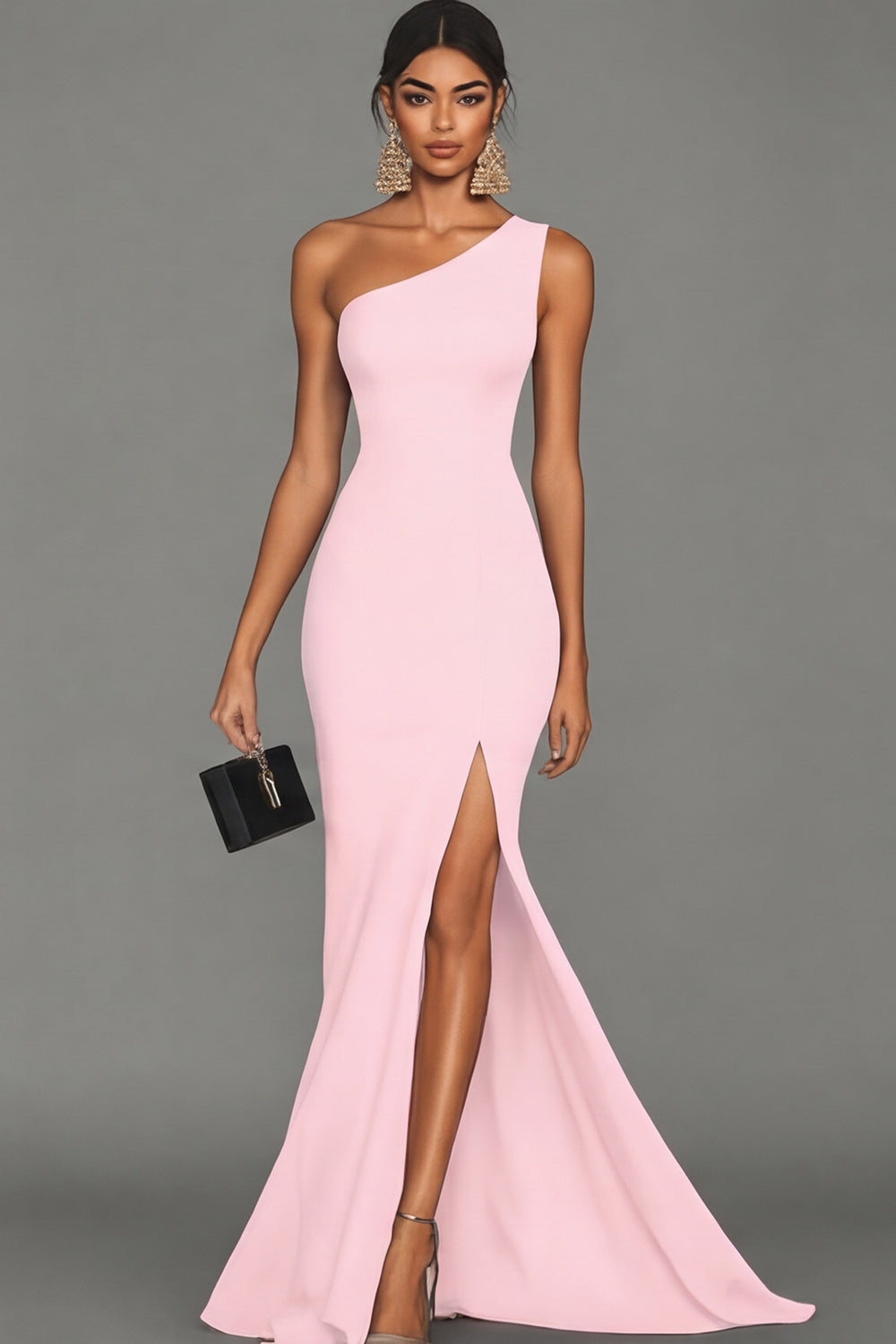 Black Mermaid Satin One Shoulder Long Formal Dress with Slit