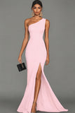 Black Mermaid Satin One Shoulder Long Formal Dress with Slit