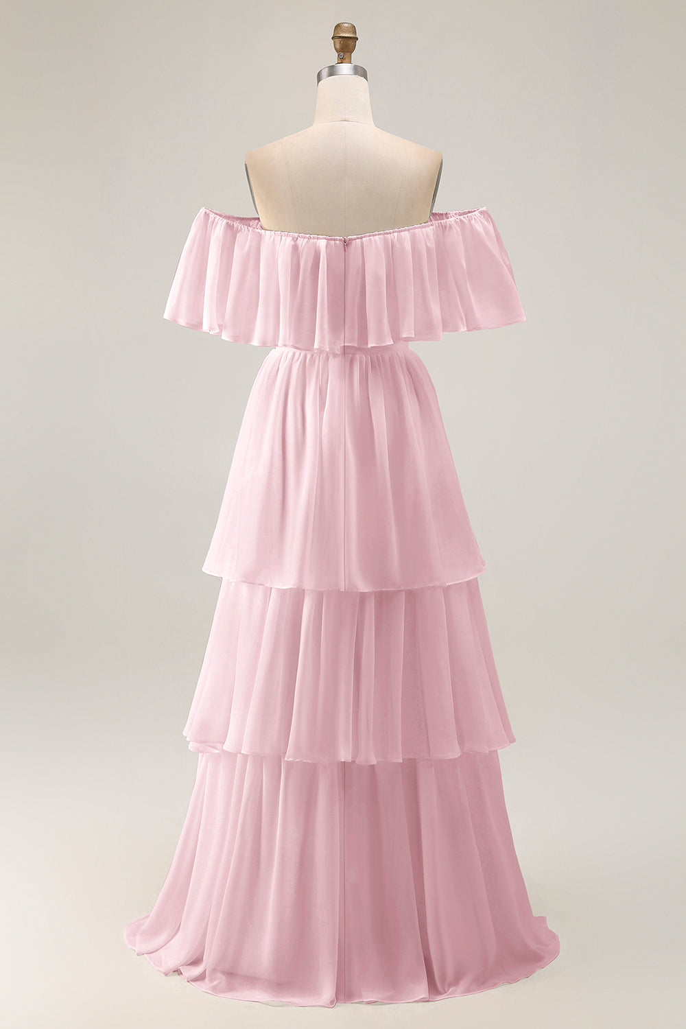 White Chiffon Tiered Off the Shoulder Boho Sweep Train Wedding Dress