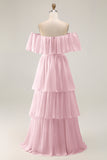 White Chiffon Tiered Off the Shoulder Boho Sweep Train Wedding Dress