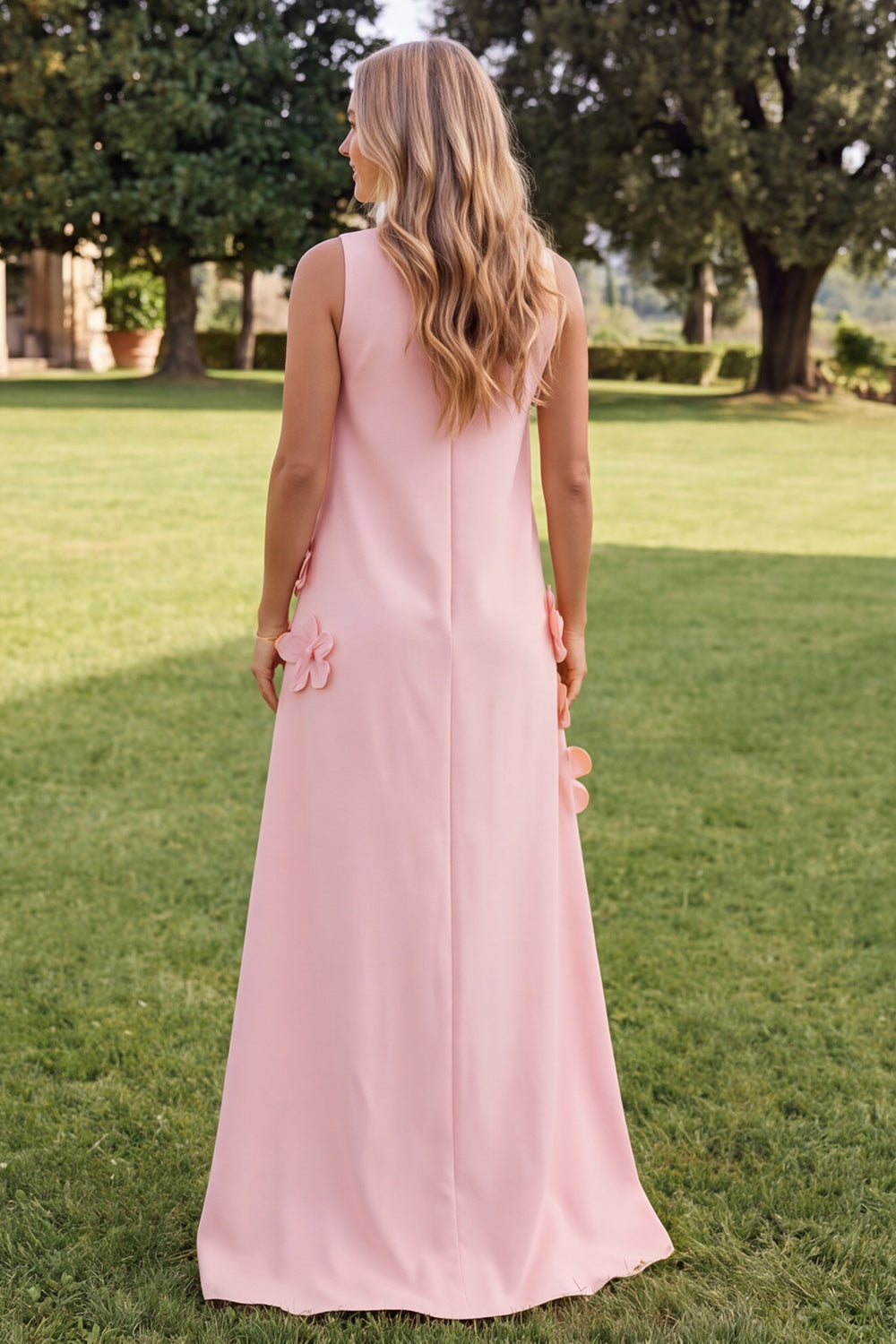 Blue A Line High Neck Floral Long Wedding Guest Dress