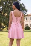 Blue Short Floral Square Neck A Line Homecoming Dress with Pockets