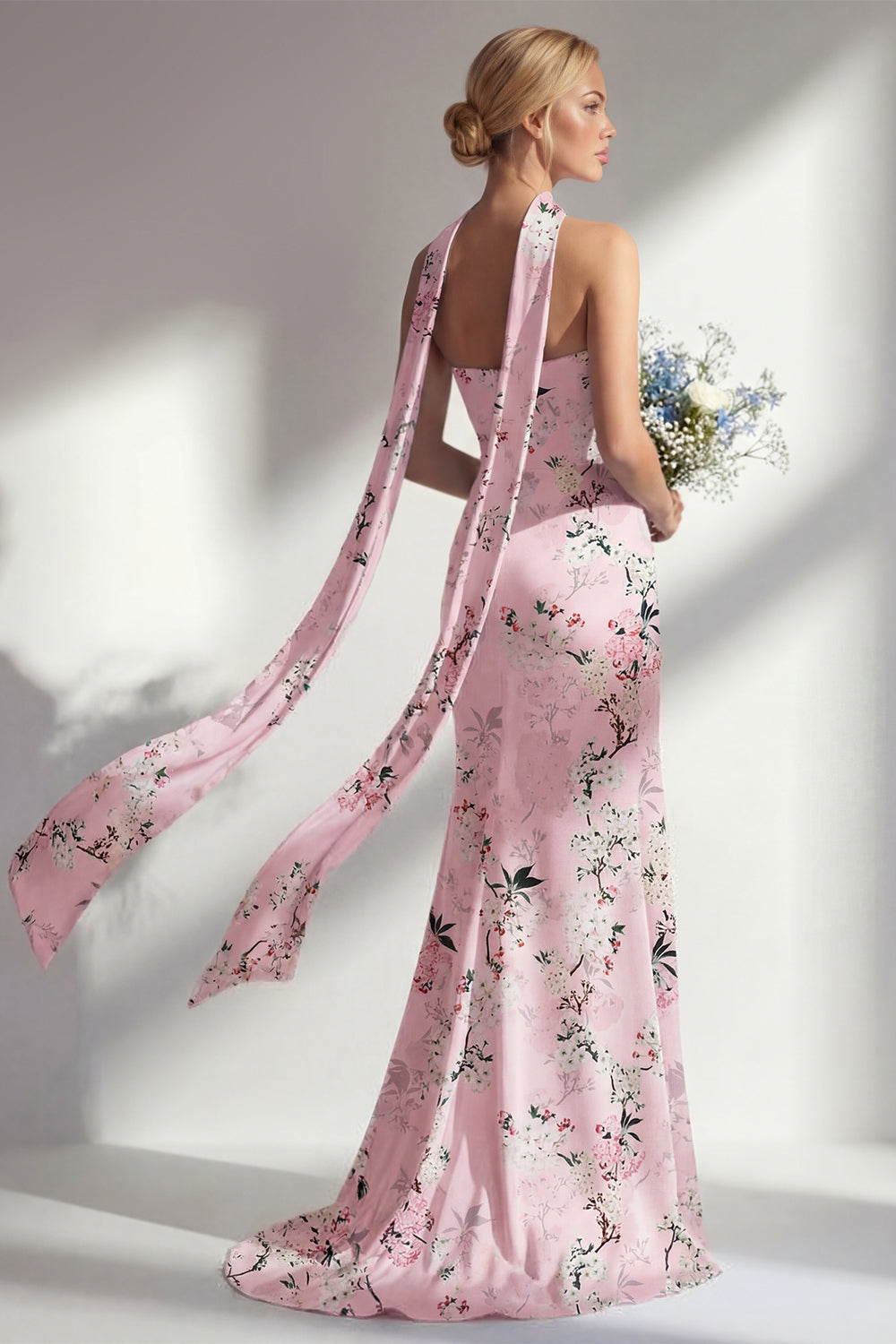 Pink Floral Sheath Strapless Neck Scarf Long Bridesmaid Dress with Slit