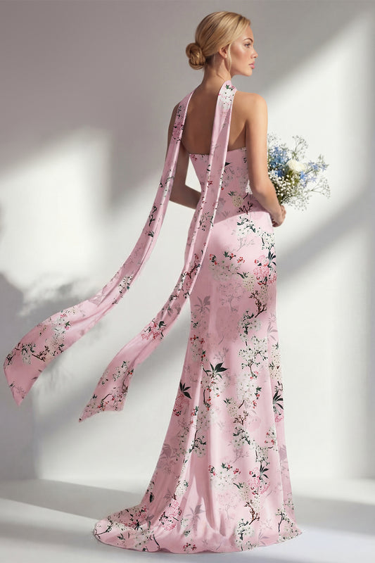 Pink Floral Sheath Strapless Neck Scarf Long Bridesmaid Dress with Slit