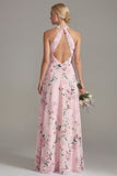 Halter Keyhole Pink Floral A Line Long Bridesmaid Dress