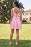Blue Short Floral Square Neck A Line Homecoming Dress with Pockets