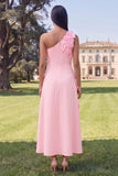 Floral Hot Pink One Shoulder A Line Maxi Wedding Guest Dress