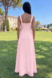 Hot Pink A Line Square Neck Floral Maxi Wedding Guest Dress