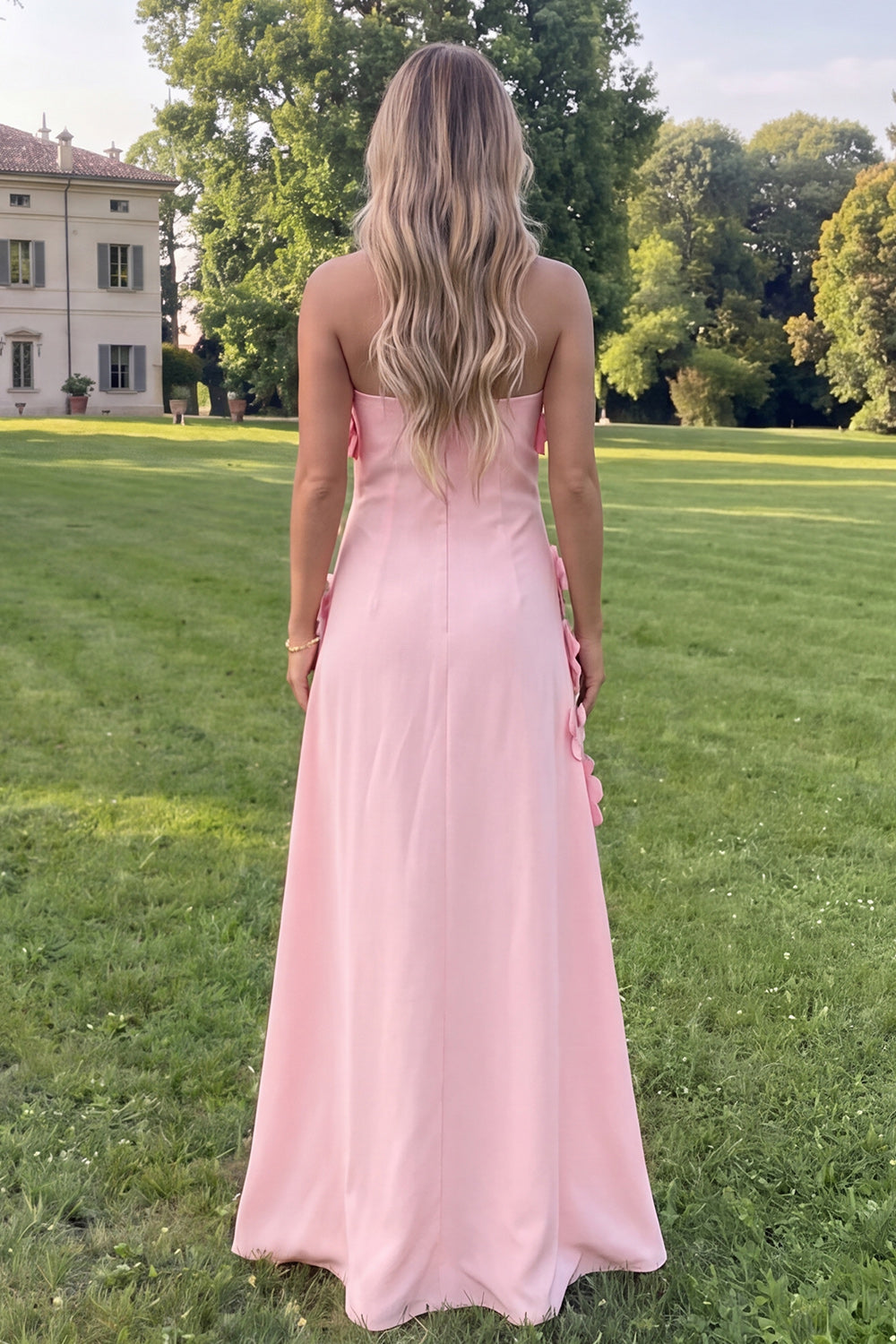 Sage Green A Line Strapless Floral Maxi Wedding Guest Dress