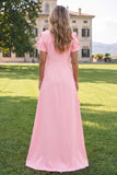 Round Neck Blue A Line Floral Long Wedding Guest Dress with Sleeves
